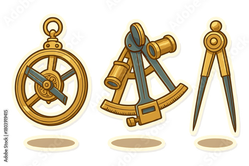 Vintage nautical navigation tools set: sextant, marine chronometer, and dividers