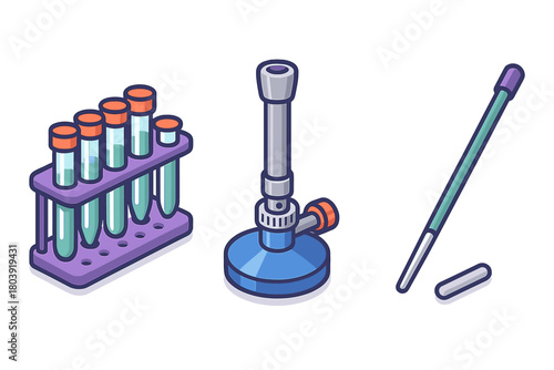 Essential laboratory equipment set with test tubes, Bunsen burner, and stirring rod