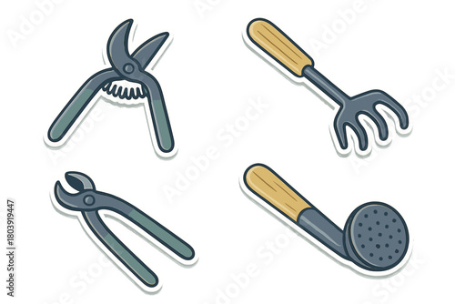 Essential gardening tools set including pruning shears, hand rake, nippers, and watering nozzle