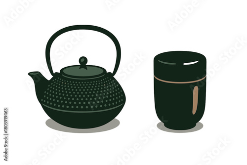 Traditional dark green Japanese cast iron teapot and matching tea cup set