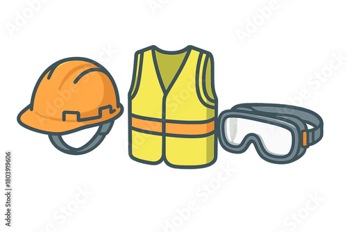 Essential personal protective equipment set with hard hat, safety vest, and protective goggles