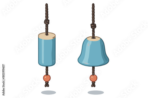 Stylized blue cylinder and bell shapes suspended by rope with decorative knots and beads