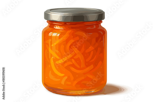Vibrant orange citrus marmalade in a glass jar isolated on a white background