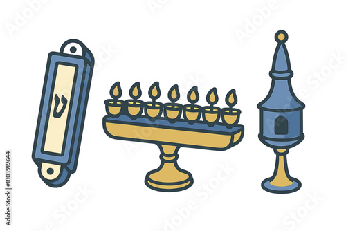 Jewish religious symbols featuring a seven-branched menorah, mezuzah case, and spice box tower