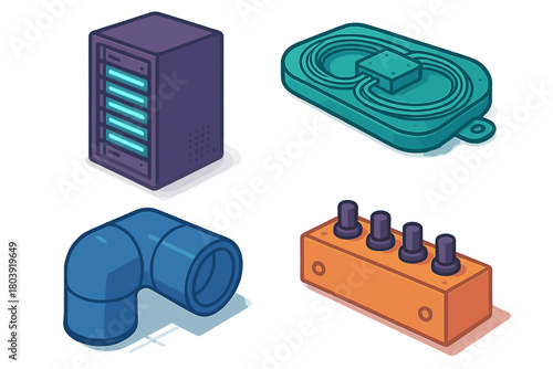 Isometric server rack, fiber optic cable organizer, pipe elbow, and switch box components