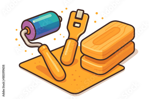 Essential DIY and home renovation tools including paint roller and wooden blocks