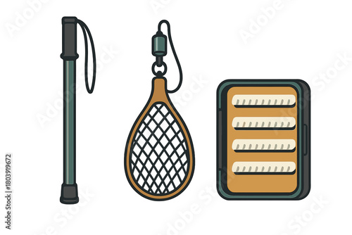 Fly fishing equipment set featuring wading staff, landing net, and closed fly box