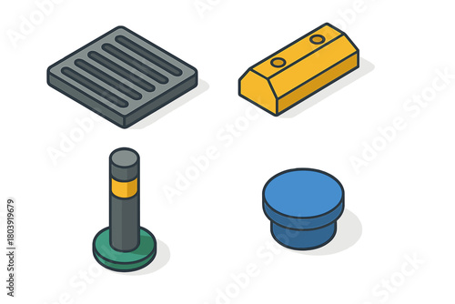 Isometric street and road safety elements including drain grate, bollard, and curb stop