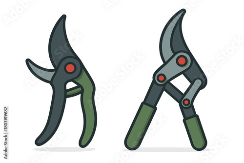 Two styles of heavy-duty pruning shears and secateurs used for trimming garden foliage