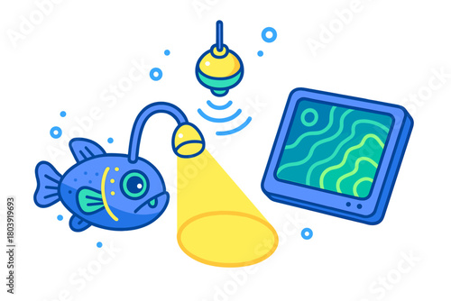 Anglerfish, sonar buoy, and fish finder screen showing deep sea fishing technology