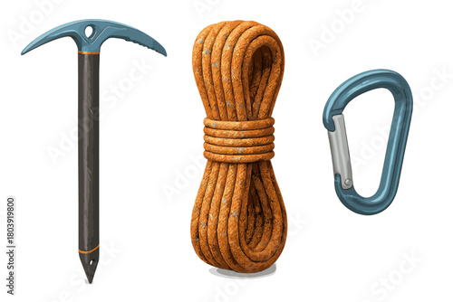 Essential climbing and mountaineering equipment set with ice axe, coiled rope, and carabiner