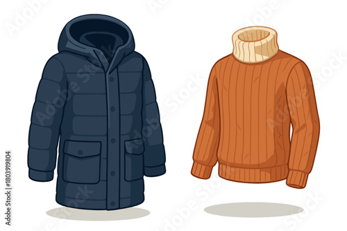 Navy blue hooded parka jacket and cozy orange turtleneck sweater for cold winter weather