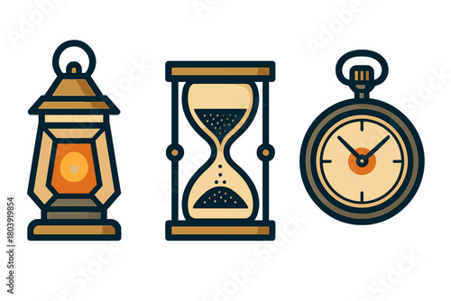Vintage lantern, hourglass, and pocket watch set representing time and light