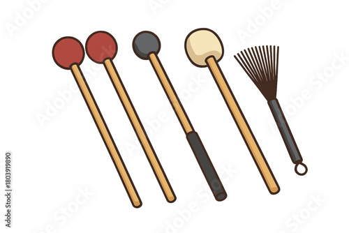 Assortment of percussion mallets including soft, medium, hard heads and a wire drum brush