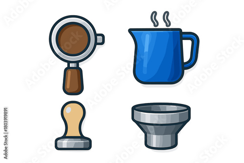 Professional espresso preparation equipment featuring portafilter, milk pitcher, and tamper set