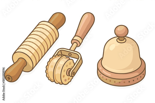Traditional wooden baking tools set including patterned rolling pin, ravioli cutter, and cookie stamp