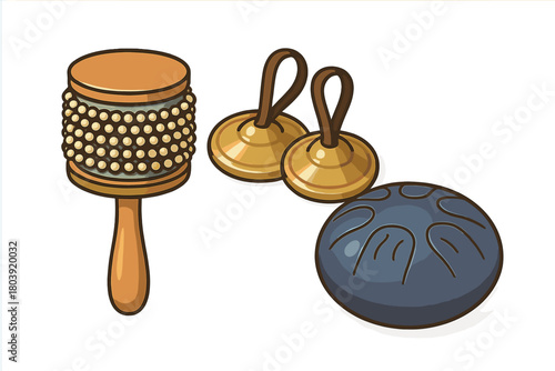 Set of diverse percussion instruments including wooden cabasa, brass finger cymbals, and steel tongue drum