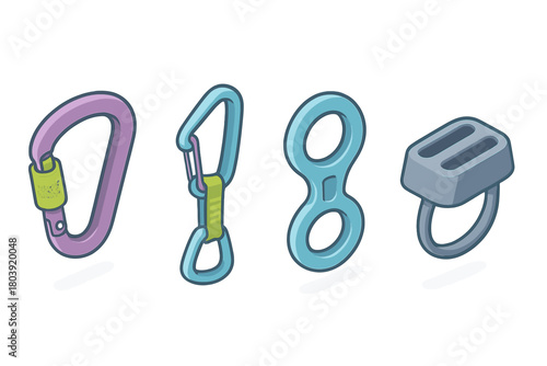 Colorful climbing and mountaineering safety devices including carabiners and descender