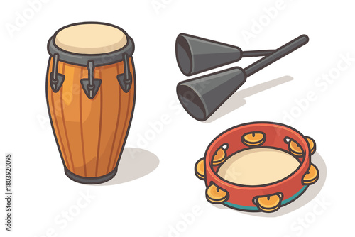 Set of traditional percussion instruments: conga drum, agogo bells, and tambourine
