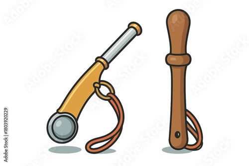 Traditional boatswain's pipe or whistle with wooden handle and lanyard for maritime signaling