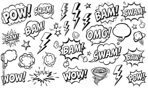 Collection of comic book style sound effect words and lightning bolts, perfect for graphic design and creative projects