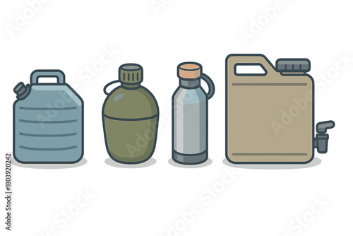 Portable liquid storage containers including canteen, thermos, fuel can, and dispenser jug
