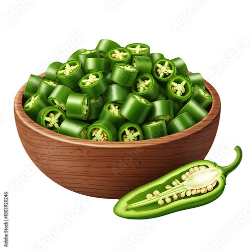 Sliced Jalapeno Peppers in Wooden Bowl and Half Pepper isolated on a transparent background chili green