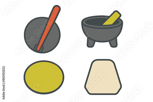 Traditional Mexican cooking tools and ingredients set featuring molcajete comal and tortilla icons