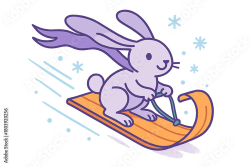 Happy cartoon rabbit enjoying a fast ride on a classic wooden sled in winter