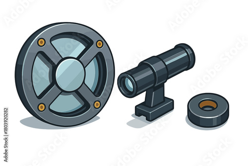 Stylized mechanical components set featuring a round metal viewport and optical instrument