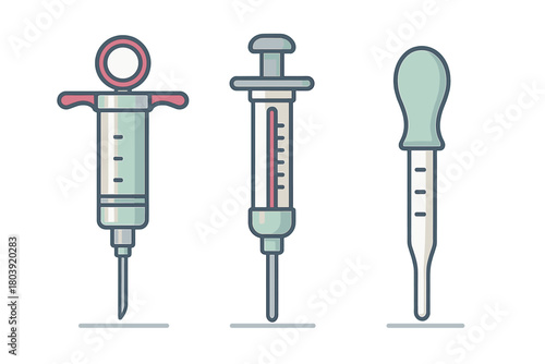 Medical and laboratory tools including syringes and a graduated pipette dropper