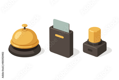 Isometric hotel service elements: reception bell, key card reader, and alarm light