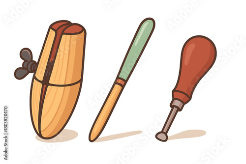 Set of three essential crafting tools including a wooden clamp, a shaping stylus, and a ball-tipped embossing tool