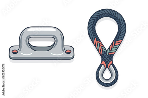 Essential marine equipment set featuring a metal deck fitting and braided rope loop