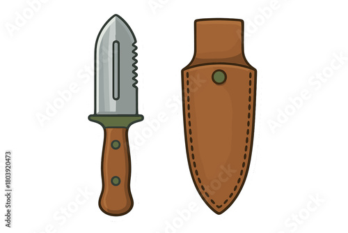 Tactical survival knife with serrated blade and wooden handle next to leather sheath