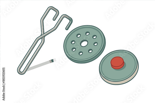Disassembled components of a handheld detail sanding tool with metal clip and abrasive pads