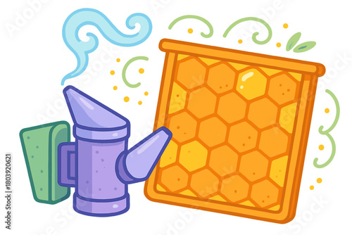 Traditional beekeeper smoker device emitting blue smoke next to a wooden frame of golden honeycomb