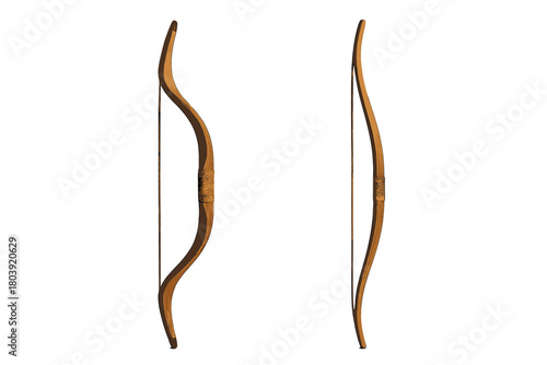 Pair of traditional wooden archery bows with strings and wrapped grips standing upright