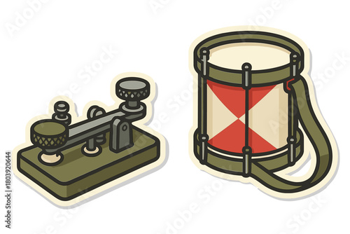 Vintage telegraph key and marching snare drum set isolated on white background in sticker style
