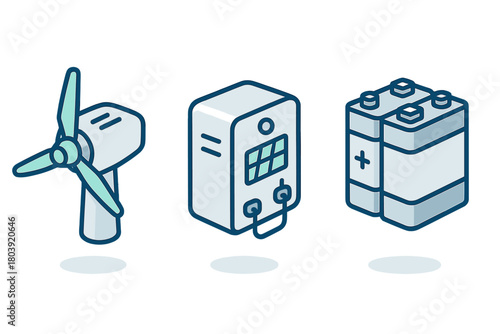Isometric icons of wind turbine, power inverter, and storage battery for renewable energy