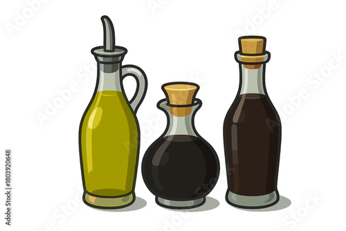 Set of three glass bottles containing cooking oil and vinegar condiments for kitchen use