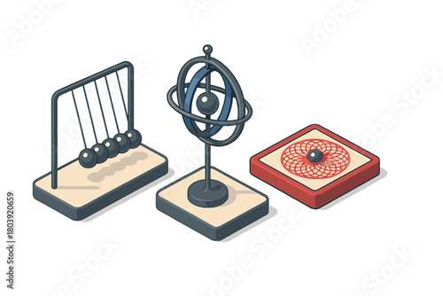Classic physics demonstration tools set including Newton's cradle, gyroscope, and sand pendulum