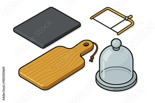 Isometric kitchen and serving tools collection for cheese and charcuterie boards