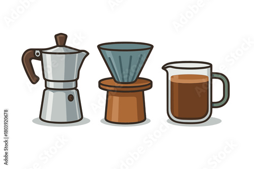 Essential coffee brewing tools featuring a classic Moka pot, pour-over dripper, and fresh hot beverage carafe