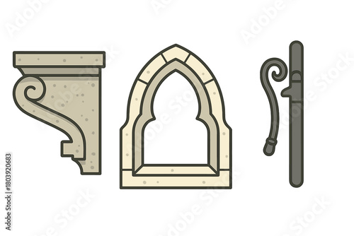 Set of Gothic architectural and religious elements: pointed arch, corbel, and crozier staff