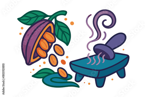 Traditional preparation of cocoa beans with metate grinding stone and pestle