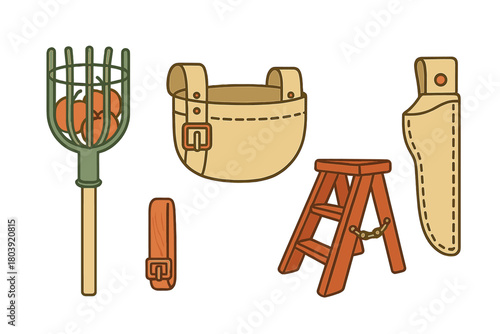 Essential tools collection for fruit picking and orchard harvesting including ladder and apron