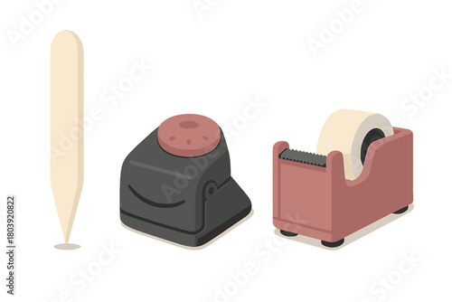 Isometric set of school and supplies including tape dispenser, inkwell, and marker