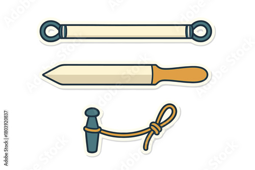 Essential outdoor equipment set: tent stake, utility knife, and pole connector