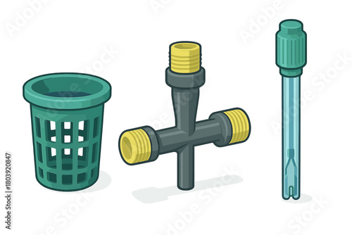 Set of hydroponic system components like net pot, cross pipe connector, and testing probe